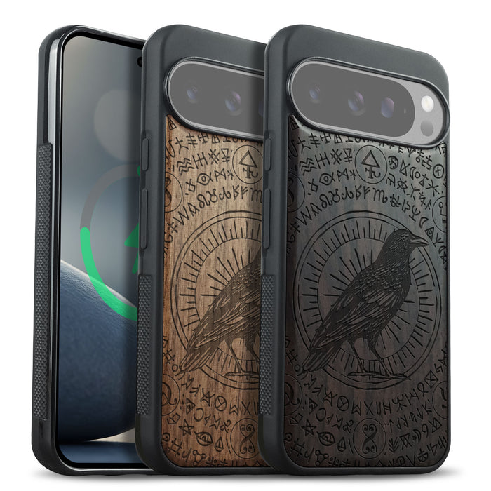 The Haloed Crow, Classic Engraved Wood & TPU Case - Artisanal Cover for Google Pixel