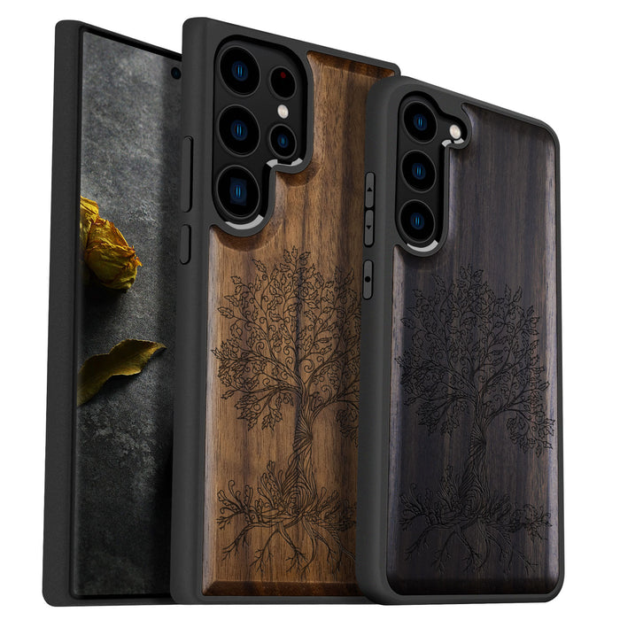 The Fairy Tree Line Art, Classic Engraved Wood & TPU Case - Artisanal Cover for Samsung Galaxy