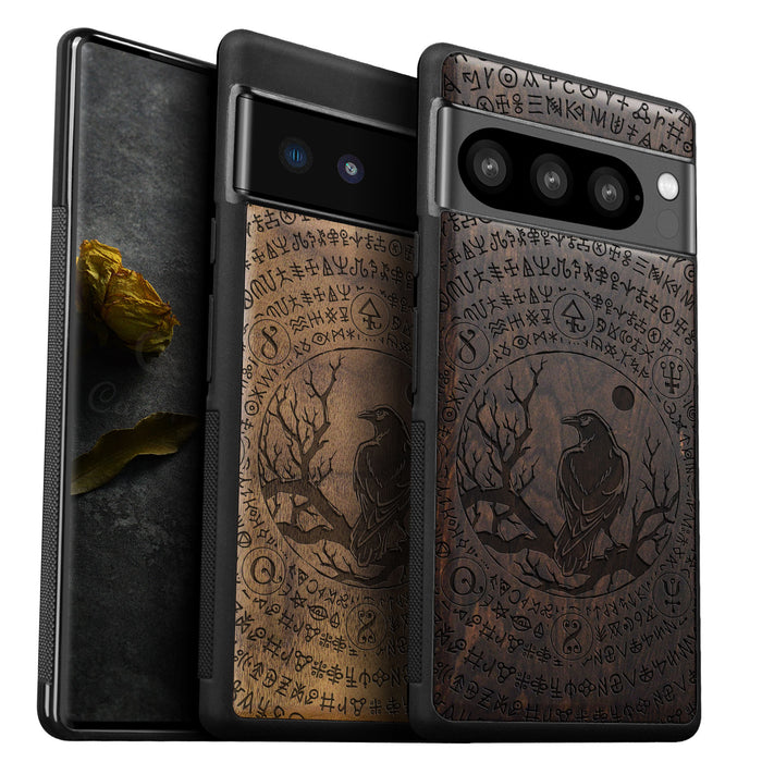 Raven's Arcanum, Classic Engraved Wood & TPU Case - Artisanal Cover for Google Pixel