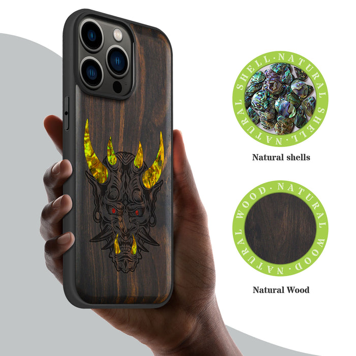 Fierce Elegance, Hand-Inlaid Wood & Mother of Pearl Case - Artisanal Cover for Apple iPhone