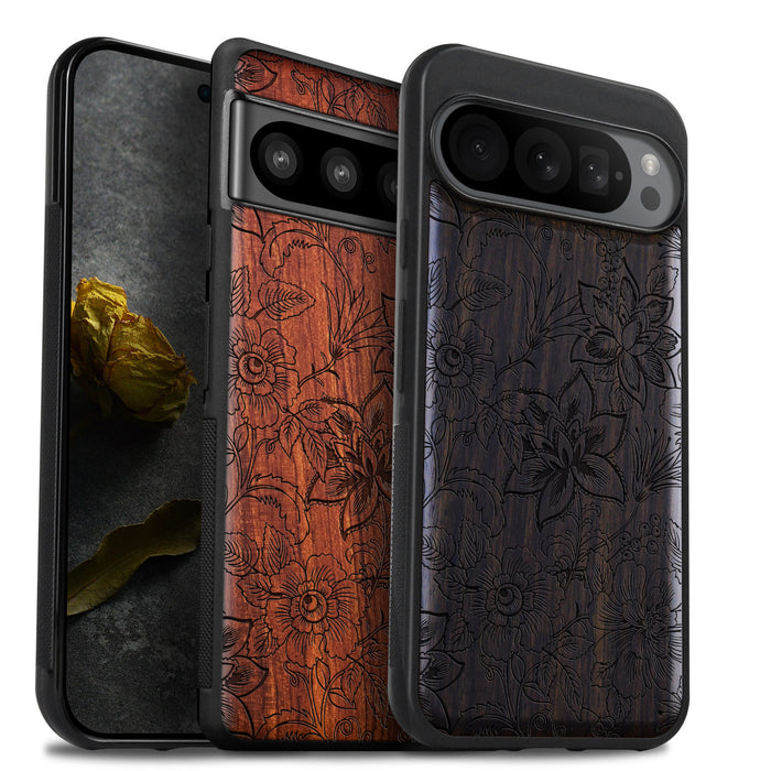 Floral Symphony, Classic Engraved Wood & TPU Case - Artisanal Cover for Google Pixel