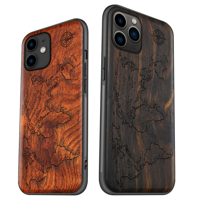 Abstract Expressionist World Map Linework, Classic Engraved Wood & TPU Case - Artisanal Cover for Apple iPhone