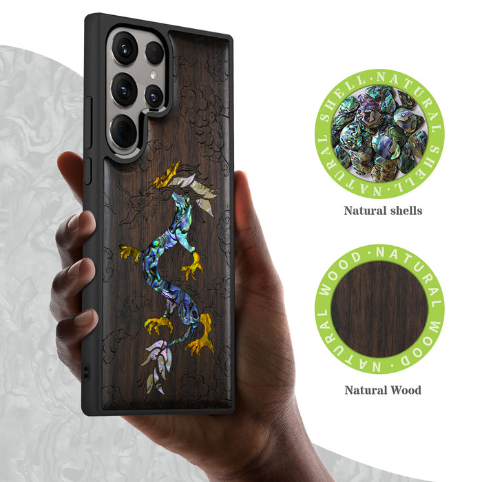 The Dragon's Ascen, Hand-Inlaid Wood & Mother of Pearl Case - Artisanal Cover for Samsung Galaxy