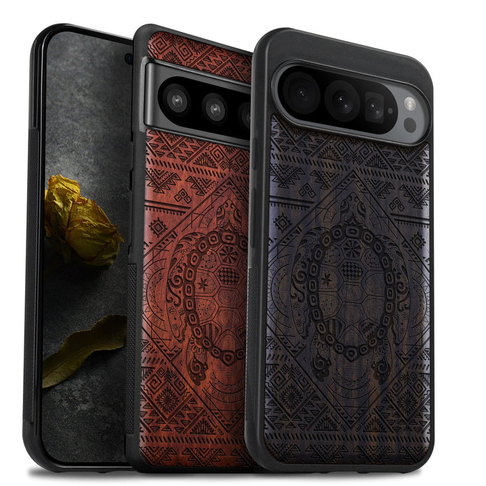 The Beautiful Turtle, Classic Engraved Wood & TPU Case - Artisanal Cover for Google Pixel