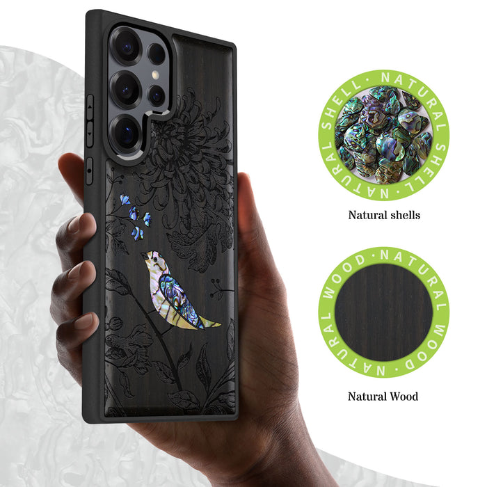 The Chrysanthemum and the Songbird, Hand-Inlaid Wood & Mother of Pearl Case - Artisanal Cover for Samsung Galaxy
