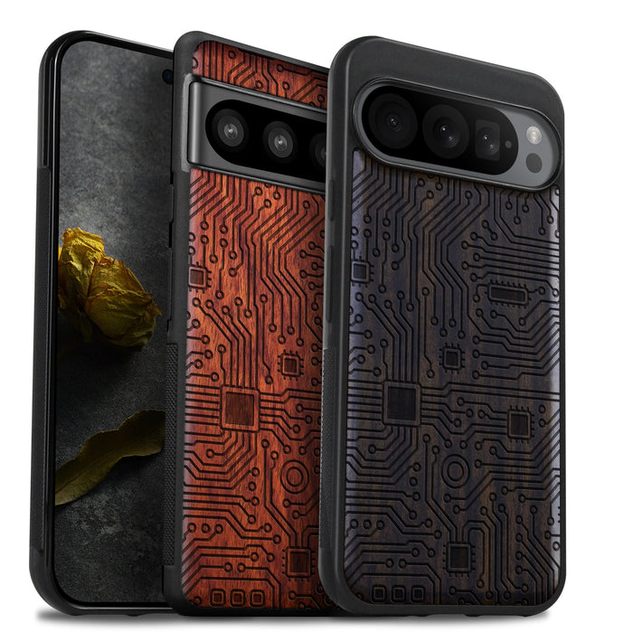 Abstract Motherboard Linework Art, Classic Engraved Wood & TPU Case - Artisanal Cover for Google Pixel