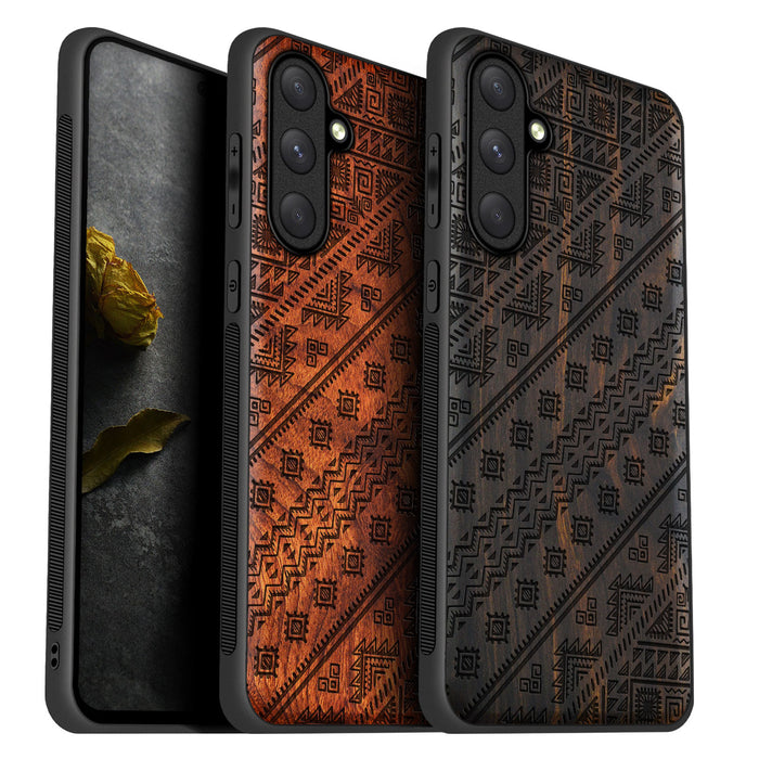 Aztec Geometric Harmony, Classic Engraved Wood & TPU Case - Artisanal Cover for Samsung Galaxy