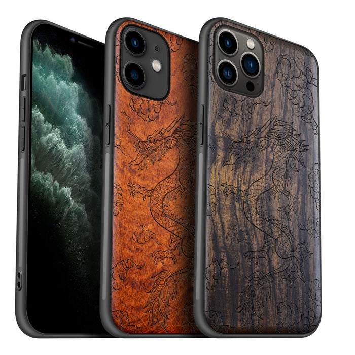 The Dragon's Ascent, Classic Engraved Wood & TPU Case - Artisanal Cover for Apple iPhone