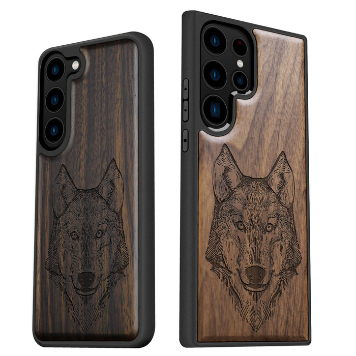 Realistic Wolf Linework Art, Classic Engraved Wood & TPU Case - Artisanal Cover for Samsung Galaxy