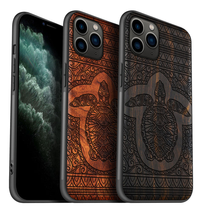 The Enigmatic Turtle of Timeless Patterns, Classic Engraved Wood & TPU Case - Artisanal Cover for Apple iPhone