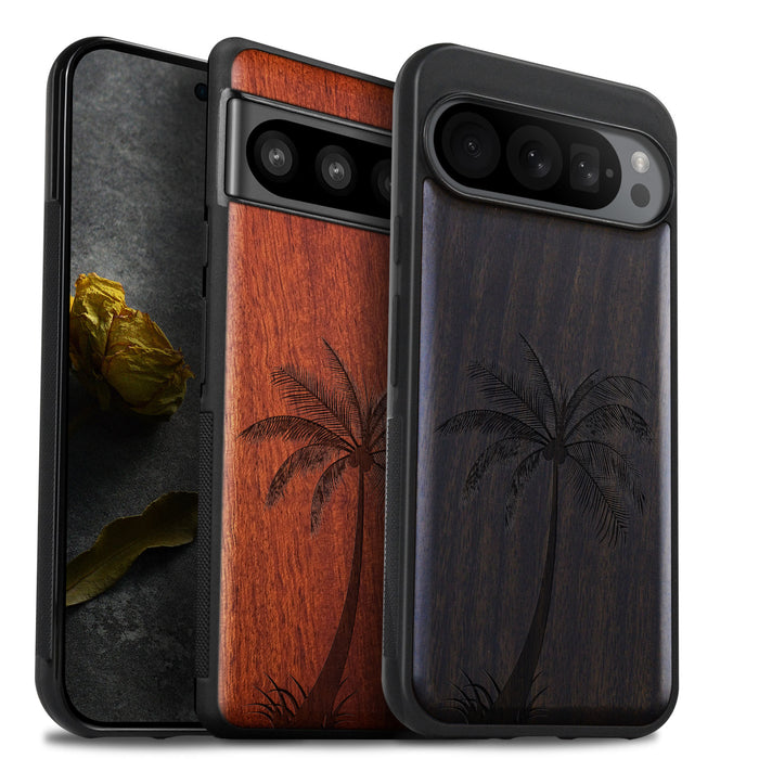 The Palm Tree Silhouette, Classic Engraved Wood & TPU Case - Artisanal Cover for Google Pixel