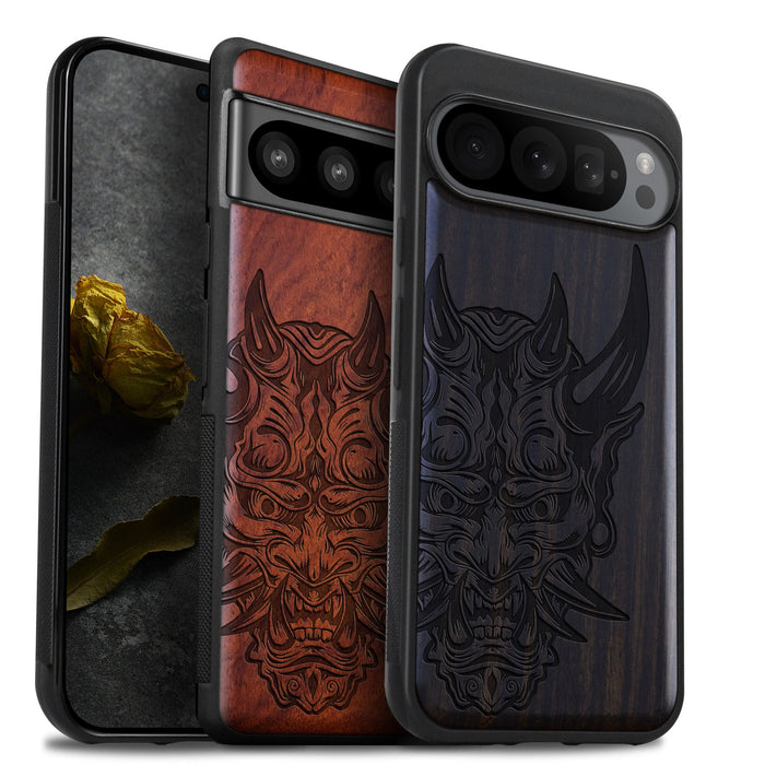 The Art of the Japanese Oni Mask, Classic Engraved Wood & TPU Case - Artisanal Cover for Google Pixel