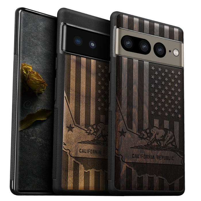 California's Emblematic Tribute, Classic Engraved Wood & TPU Case - Artisanal Cover for Google Pixel