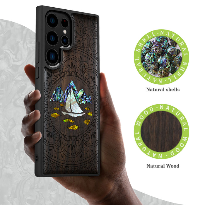 Oceanic Mandala Calm, Hand-Inlaid Wood & Mother of Pearl Case - Artisanal Cover for Samsung Galaxy