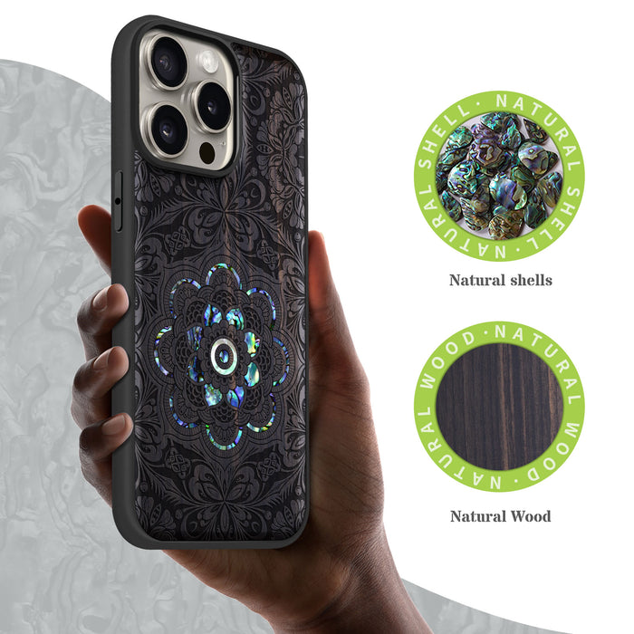 Ethereal Bloom Mandala, Hand-Inlaid Wood & Mother of Pearl Case - Artisanal Cover for Apple iPhone