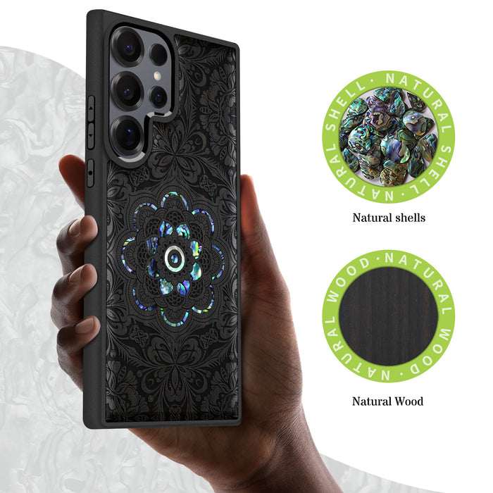 Ethereal Bloom Mandala, Hand-Inlaid Wood & Mother of Pearl Case - Artisanal Cover for Samsung Galaxy