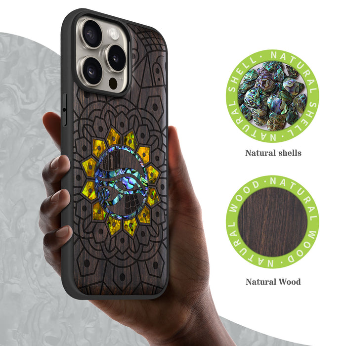 Eternal Horus Mandala, Hand-Inlaid Wood & Mother of Pearl Case - Artisanal Cover for Apple iPhone