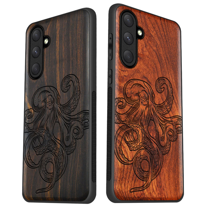 Bodybuilding Octopus Illustration, Classic Engraved Wood & TPU Case - Artisanal Cover for Samsung Galaxy