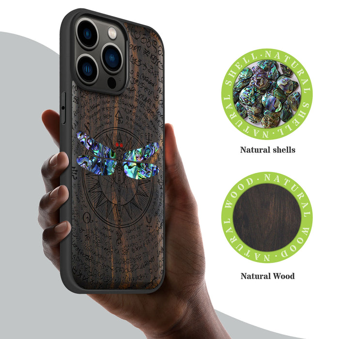 The Graceful Dragonfly, Hand-Inlaid Wood & Mother of Pearl Case - Artisanal Cover for Apple iPhone