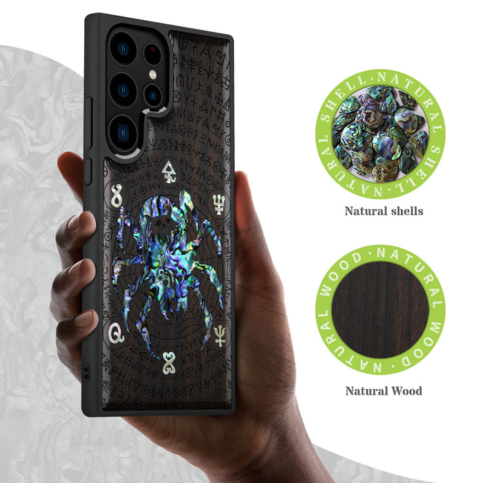 Shadows of the Web, Hand-Inlaid Wood & Mother of Pearl Case - Artisanal Cover for Samsung Galaxy