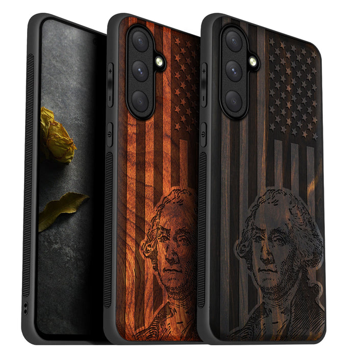 George Washington's Portrait Amidst Stars and Stripes, Classic Engraved Wood & TPU Case - Artisanal Cover for Samsung Galaxy