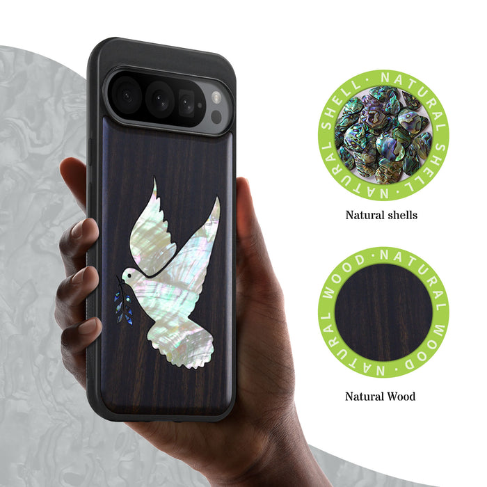 The Dove with Olive Branch, Hand-Inlaid Wood & Mother of Pearl Case - Artisanal Cover for Google Pixel