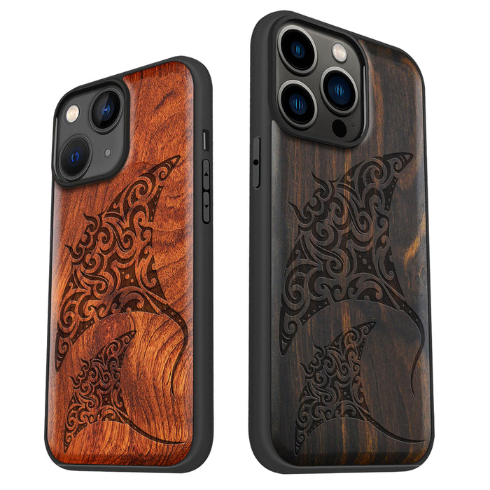 Polynesian Manta Rays, Classic Engraved Wood & TPU Case - Artisanal Cover for Apple iPhone