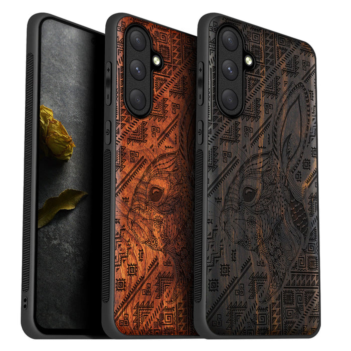 Zentangle Rabbit Amidst Geometry, Classic Engraved Wood & TPU Case - Artisanal Cover for Samsung Galaxy