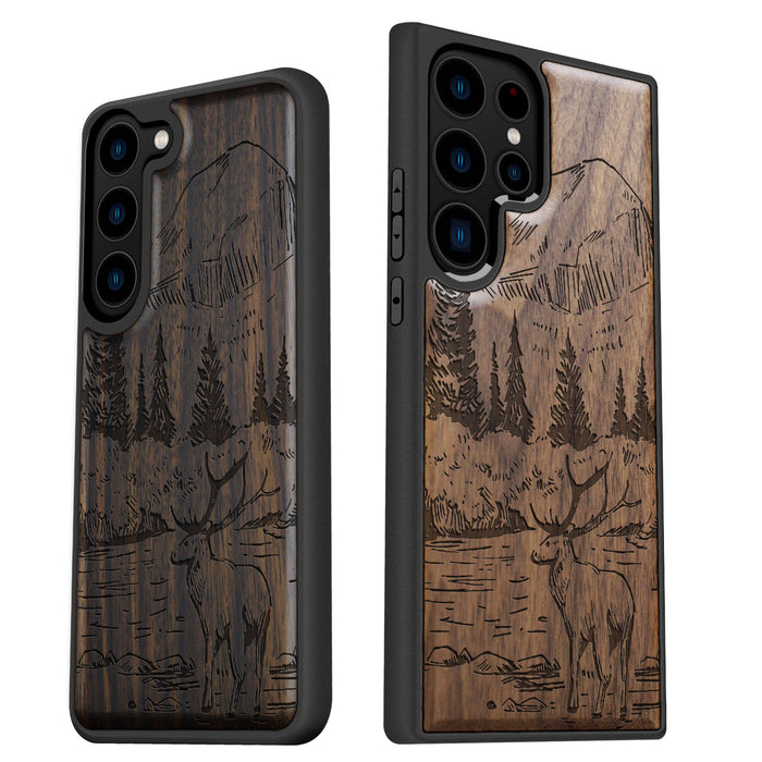 An Enthralling Natural Landscape Illustration, Classic Engraved Wood & TPU Case - Artisanal Cover for Samsung Galaxy