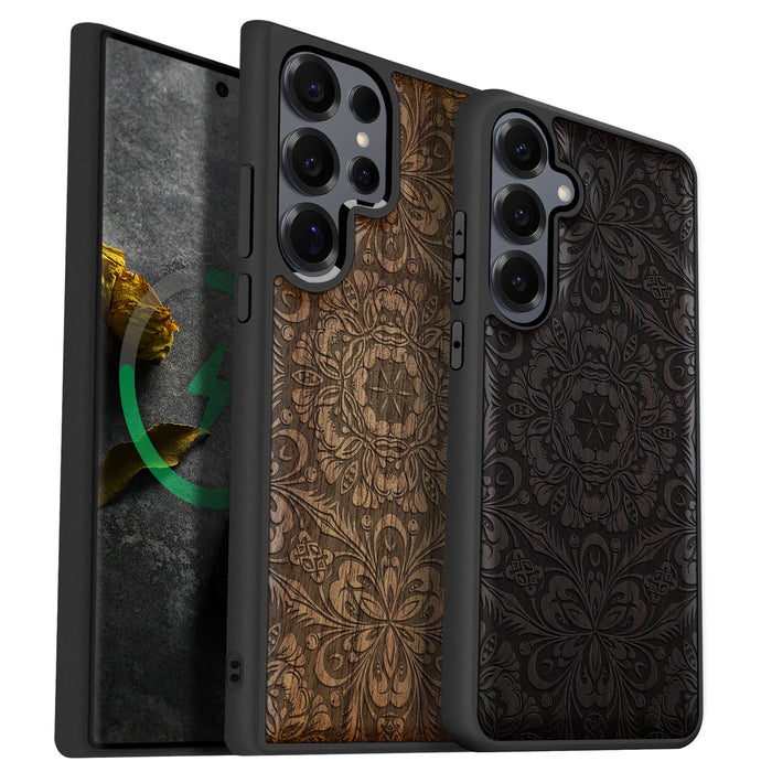 Vintage Damask engraved in Wood, Classic Engraved Wood & TPU Case - Artisanal Cover for Samsung Galaxy