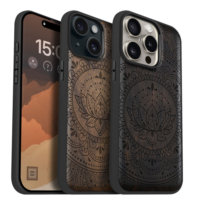 Lotus Mandala Essence, Classic Engraved Wood & TPU Case - Artisanal Cover for Apple iPhone