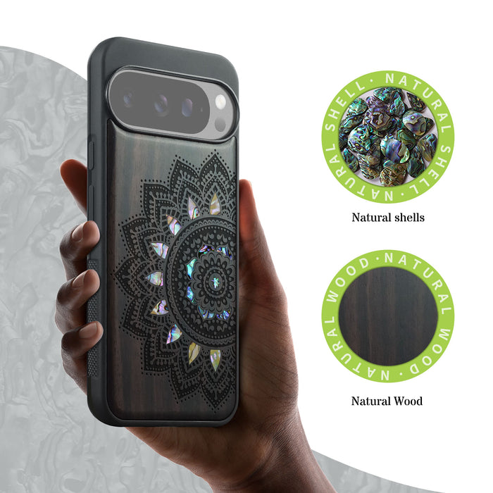 The Half Mandala Lace Art, Hand-Inlaid Wood & Mother of Pearl Case - Artisanal Cover for Google Pixel