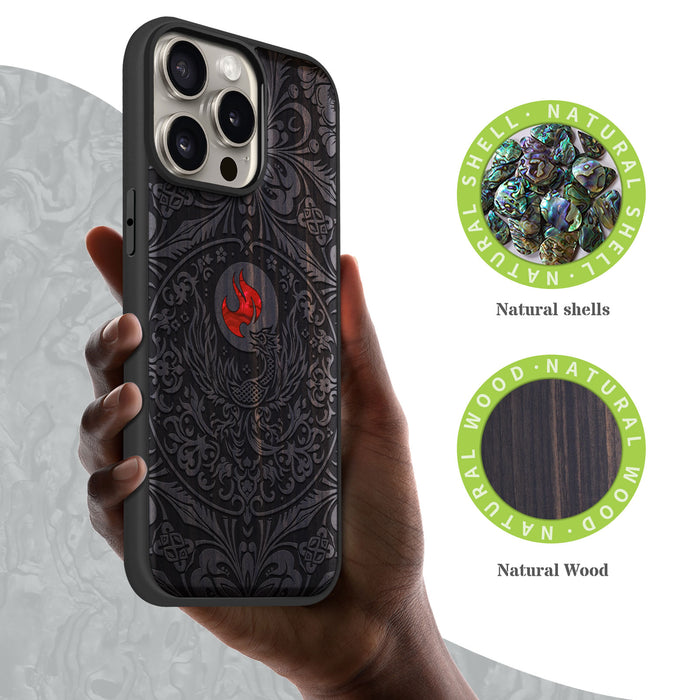 Phoenix in Symmetry, Hand-Inlaid Wood & Mother of Pearl Case - Artisanal Cover for Apple iPhone