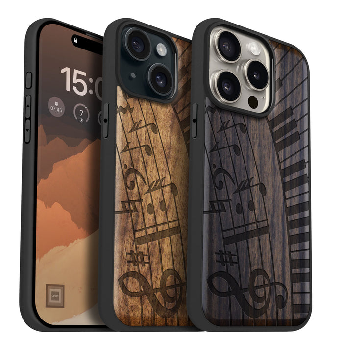 Keys and Notes, Classic Engraved Wood & TPU Case - Artisanal Cover for Apple iPhone