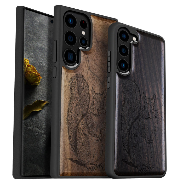 The Squirrel Sketch, Classic Engraved Wood & TPU Case - Artisanal Cover for Samsung Galaxy