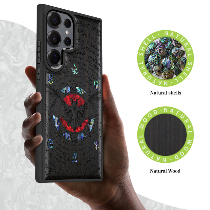 The Bat and the Octagonal Star, Hand-Inlaid Wood & Mother of Pearl Case - Artisanal Cover for Samsung Galaxy
