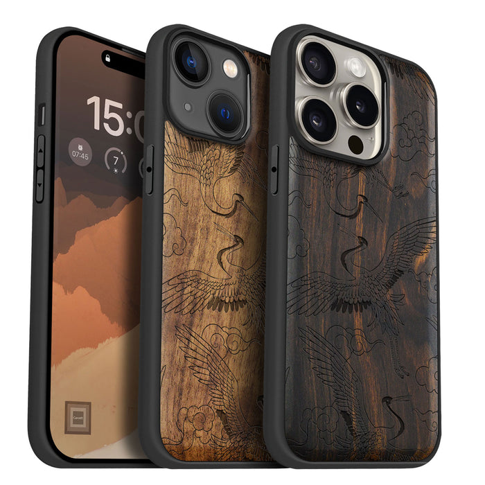 Auspicious Cranes and Clouds, Classic Engraved Wood & TPU Case - Artisanal Cover for Apple iPhone