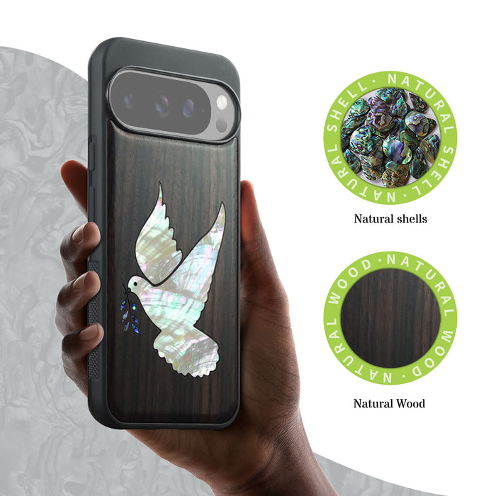 The Dove with Olive Branch, Hand-Inlaid Wood & Mother of Pearl Case - Artisanal Cover for Google Pixel
