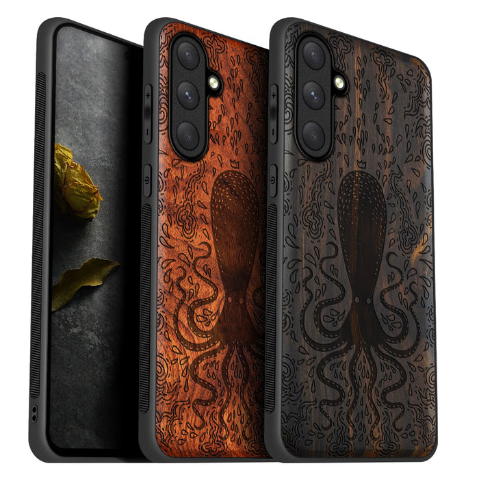 The Floral Octopus, Classic Engraved Wood & TPU Case - Artisanal Cover for Samsung Galaxy