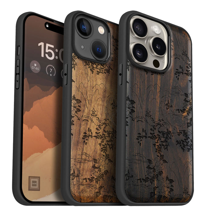 Oriental Elegance, Classic Engraved Wood & TPU Case - Artisanal Cover for Apple iPhone