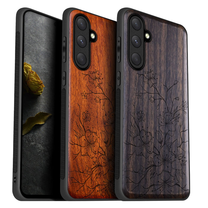 Sakura Sketch, Classic Engraved Wood & TPU Case - Artisanal Cover for Samsung Galaxy