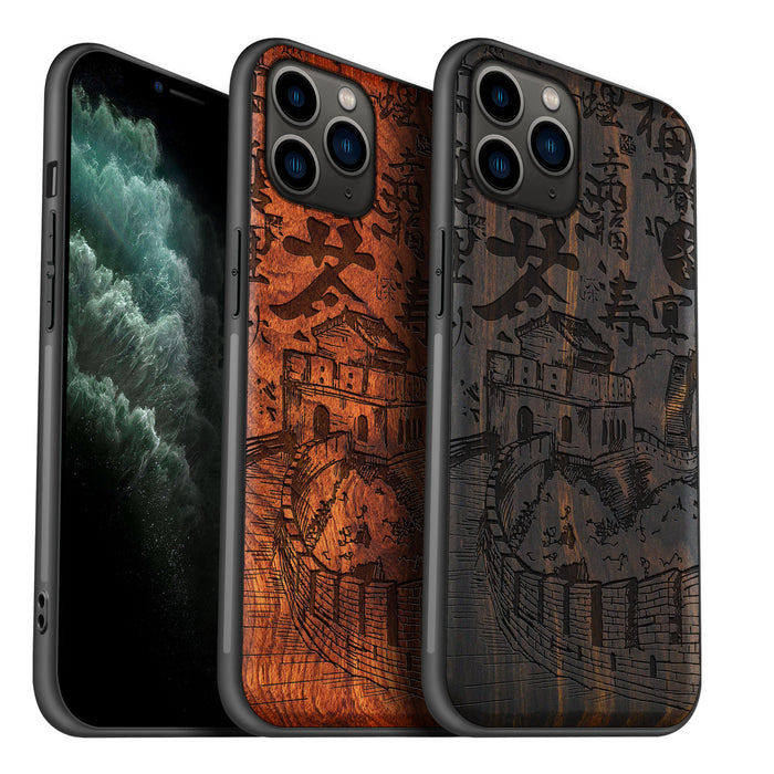 Hand Drawn Great Wall of China, Classic Engraved Wood & TPU Case - Artisanal Cover for Apple iPhone