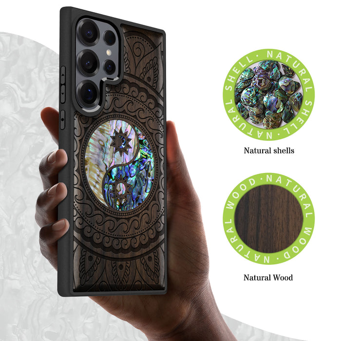 The Yin Yang Paisley, Hand-Inlaid Wood & Mother of Pearl Case - Artisanal Cover for Samsung Galaxy