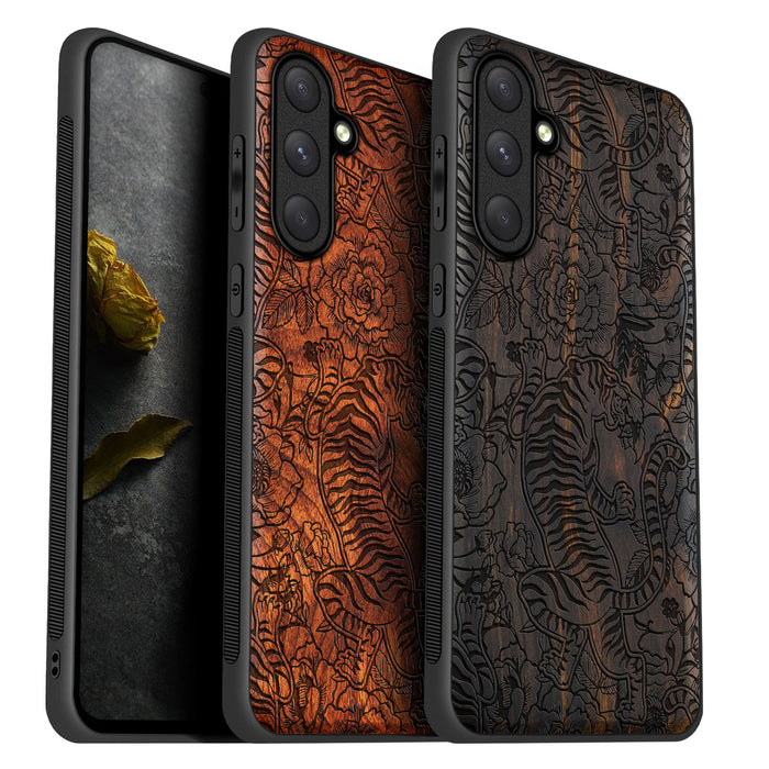 A Tiger Amidst Flowers and Vines, Classic Engraved Wood & TPU Case - Artisanal Cover for Samsung Galaxy