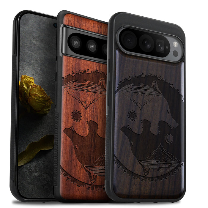 Yin-Yang Wolf, Classic Engraved Wood & TPU Case - Artisanal Cover for Google Pixel