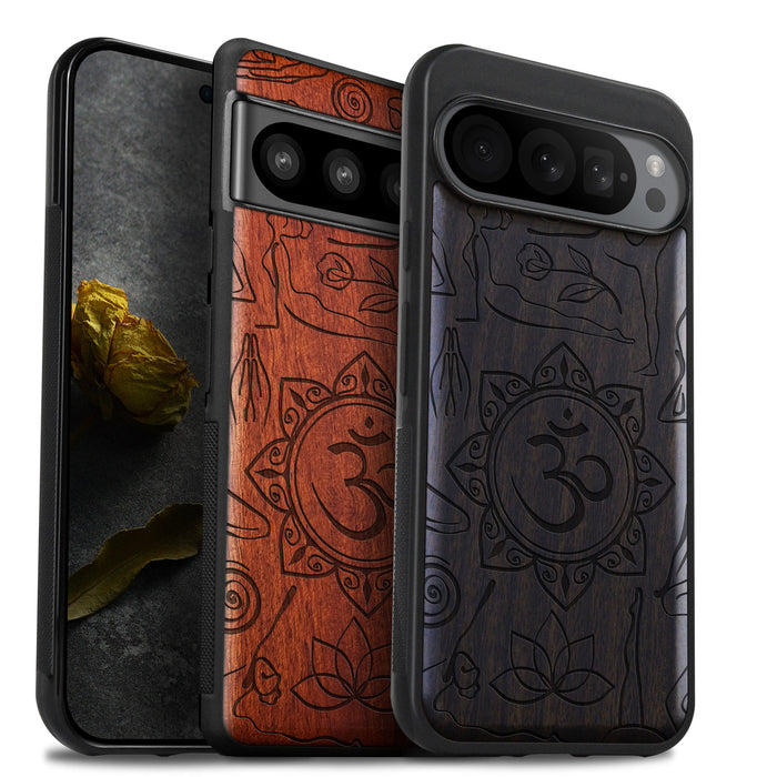 The Yoga Essence, Classic Engraved Wood & TPU Case - Artisanal Cover for Google Pixel