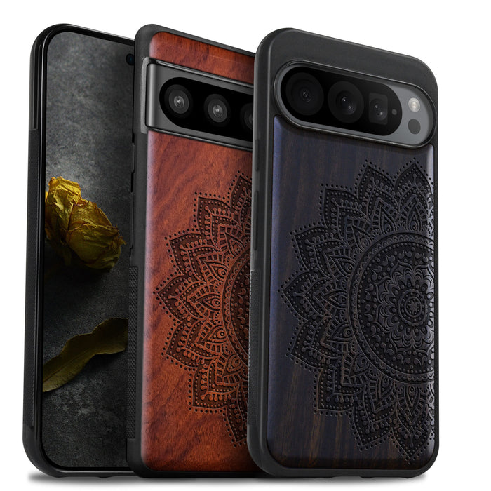 The Half Mandala Lace Art, Classic Engraved Wood & TPU Case - Artisanal Cover for Google Pixel