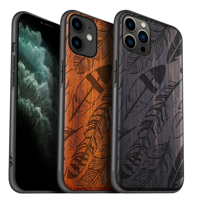 The Feathered Array, Classic Engraved Wood & TPU Case - Artisanal Cover for Apple iPhone