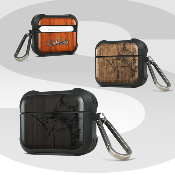 The Soaring Marlin - Wood Artisan Engraved & Shell Hand-Inlaid Cover - Artisanal Case for Apple AirPods (Titanium Quick Released Clasp)