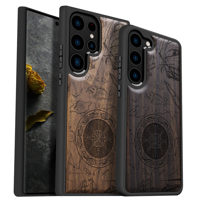 Viking Shield Amidst Maritime Treasures, Classic Engraved Wood & TPU Case - Artisanal Cover for Samsung Galaxy